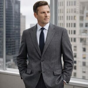 Jos A Bank Wool Sport Coat Gray Houndstooth Blazer Men's 42R Business Jacket